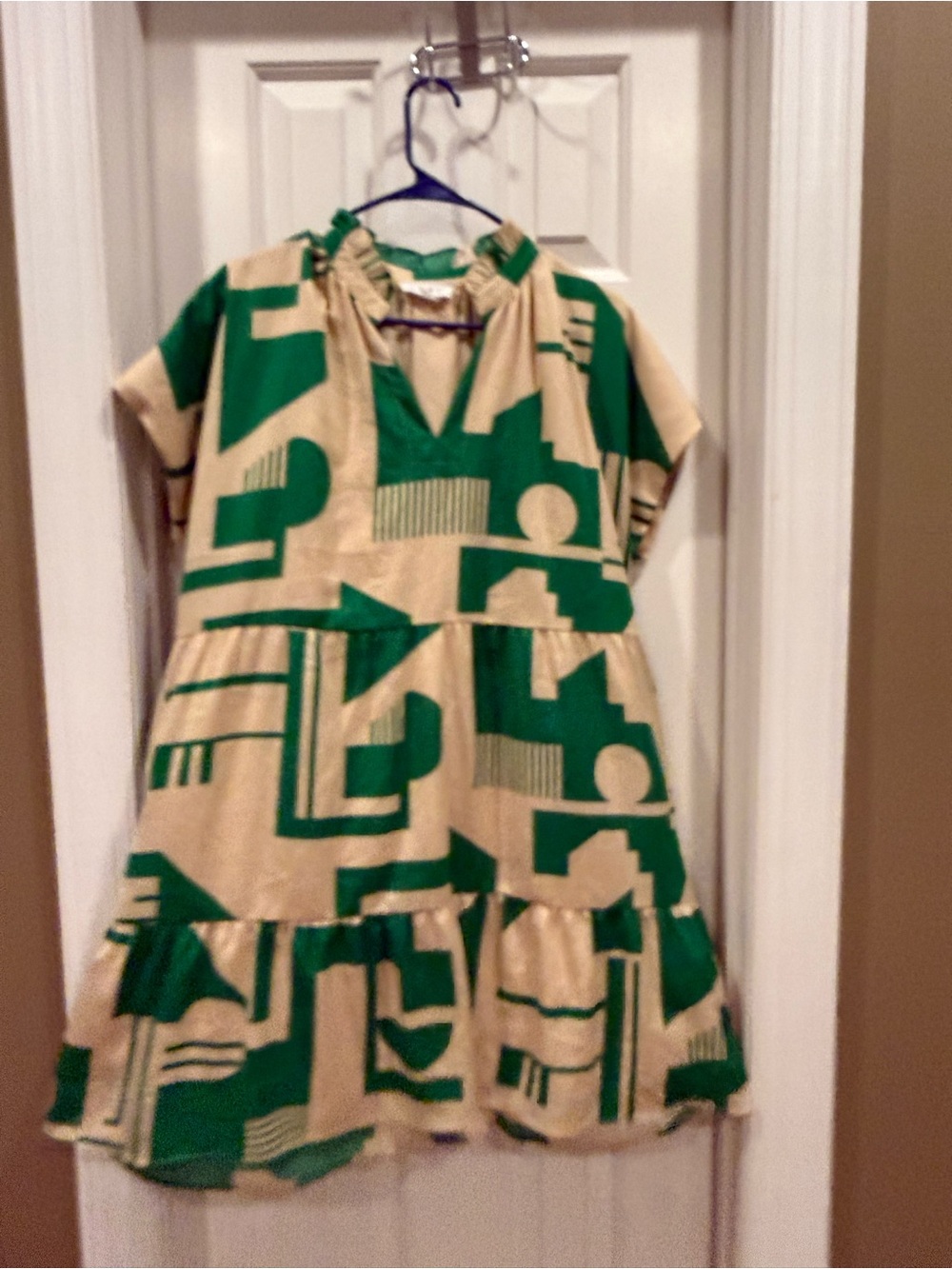 Green and Cream Geometric Short Dress - Picture 5 of 5